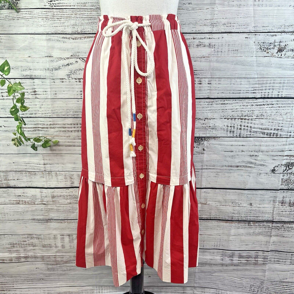 J. Crew Red and White Striped A-Line Button-Front Skirt